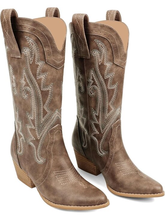 Shoes - Women's Brown Pointed Toe Western Western Embroidery Mid Calf Cowgirl Boots